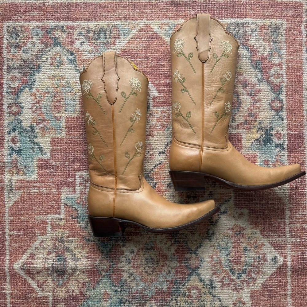 NEW WITH BOX Embroidered Cowboy Boots - Tan Heeled Boots with Snip Toe
